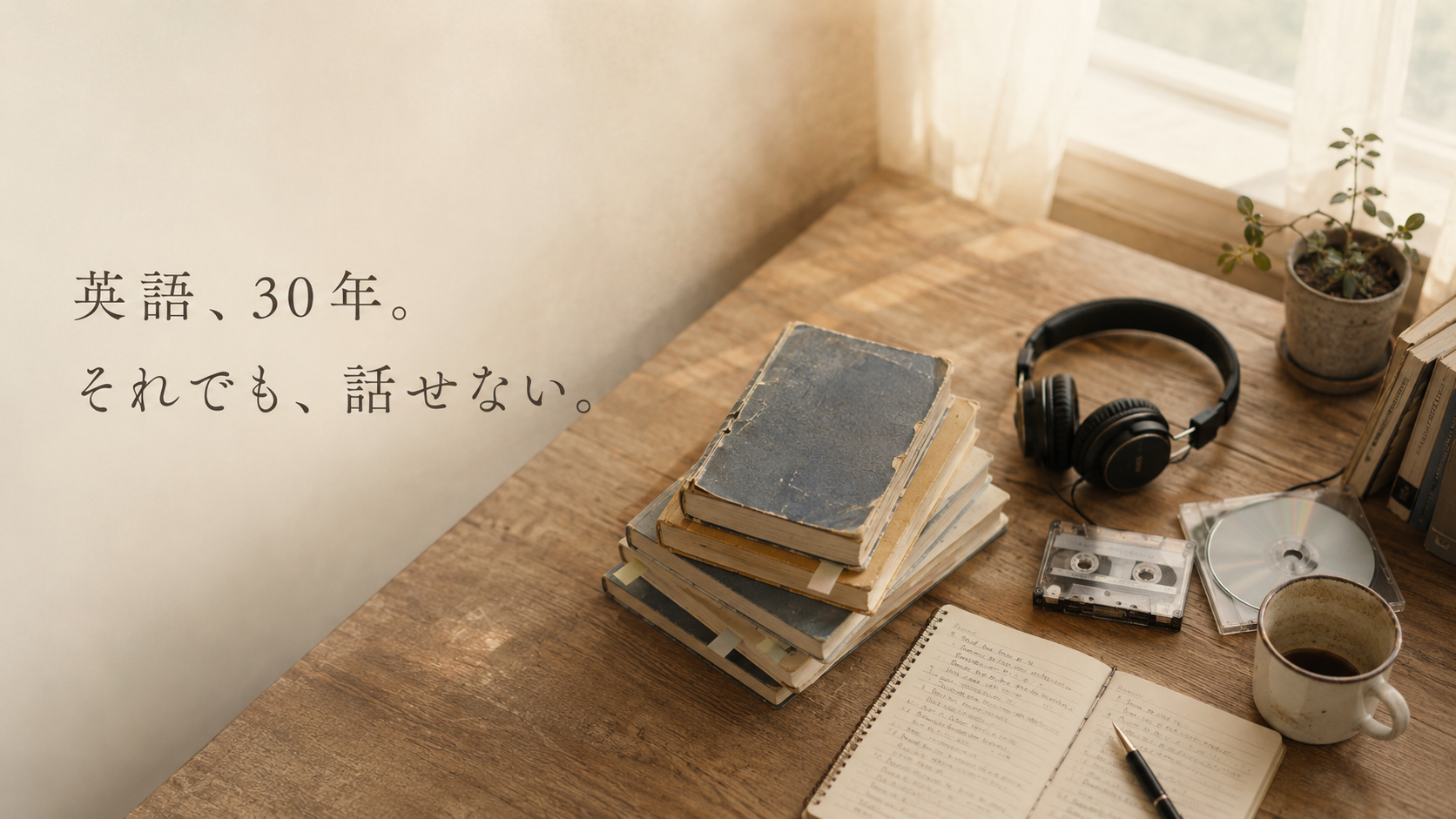 「英語、30年。それでも、話せない。」窓辺の机に積まれた古い英語の参考書とノート、ヘッドホン、カセットテープ、コーヒーカップ